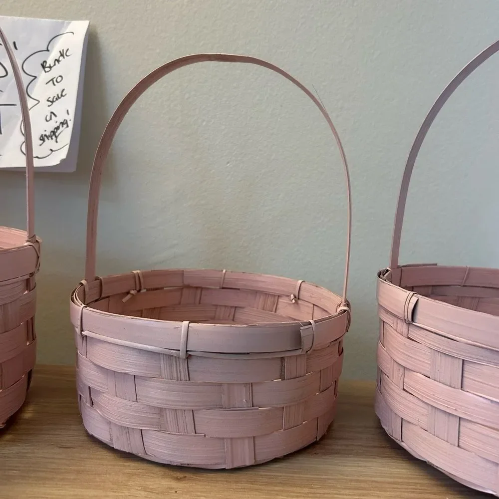 Set of 3 Pink Woven Picnic Baskets with Handles